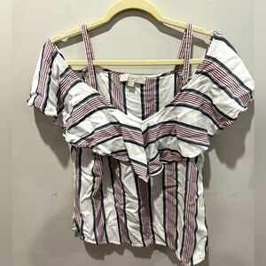 LOFT cold shoulder ruffle blouse- red,white and blue